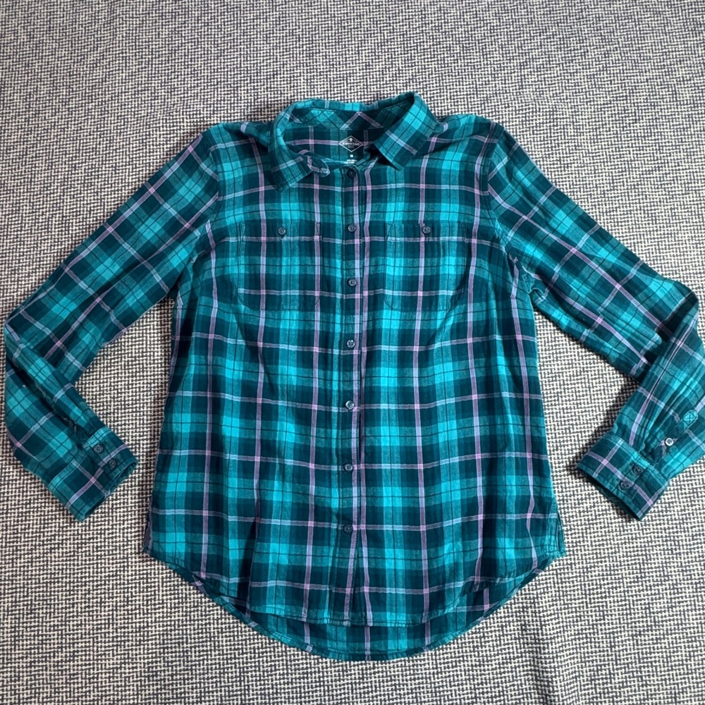 St. Johns Bay Womens Teal Purple Plaid Flannel Button Down Shirt Size M Cotton